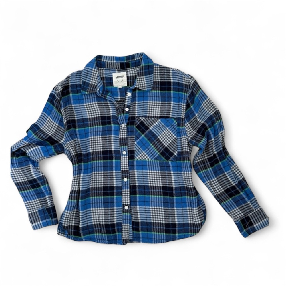 Aerie Flannel Button Up Plaid Shirt blue/green size Small
